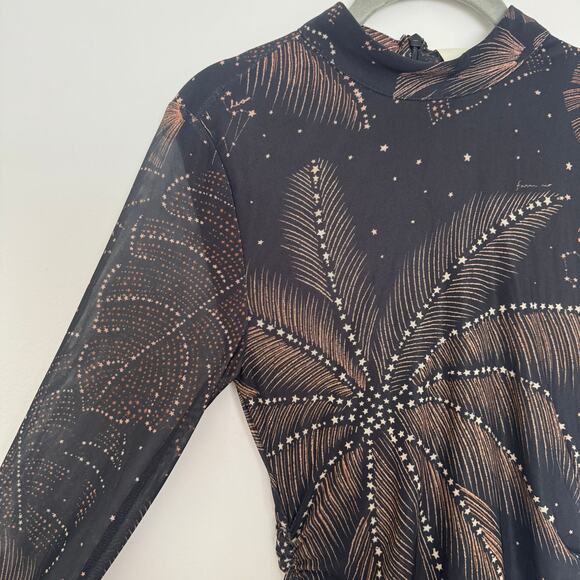 Farm Rio Black Golden Foliage Tulle Midi Dress - Picture 4 of 8